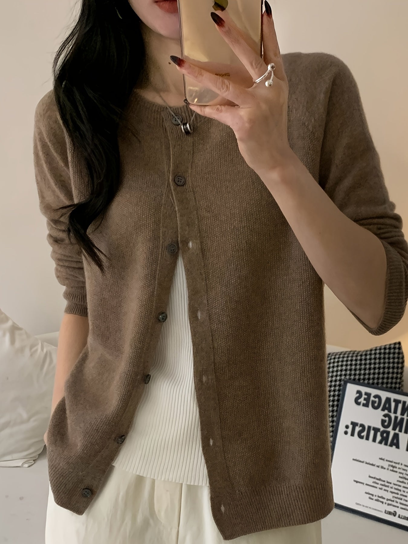 Women’s 100% Wool Cardigan – Round Neck Long Sleeve Button-Up Sweater, All-Season Casual Wear