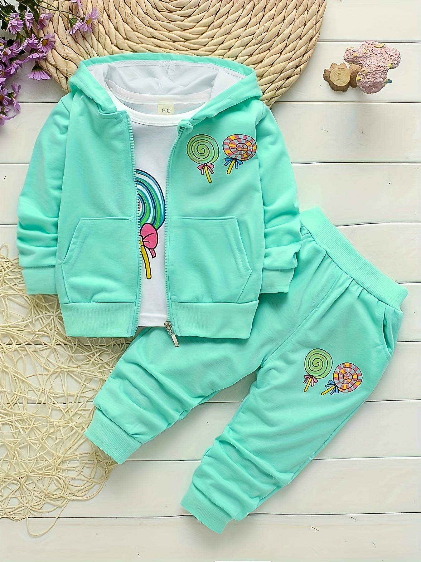 Girls’ 3PCS Long-Sleeve Outfit – Lollipop Print Hooded Sweatshirt Set for Spring/Autumn
