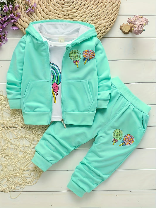 Girls’ 3PCS Long-Sleeve Outfit – Lollipop Print Hooded Sweatshirt Set for Spring/Autumn