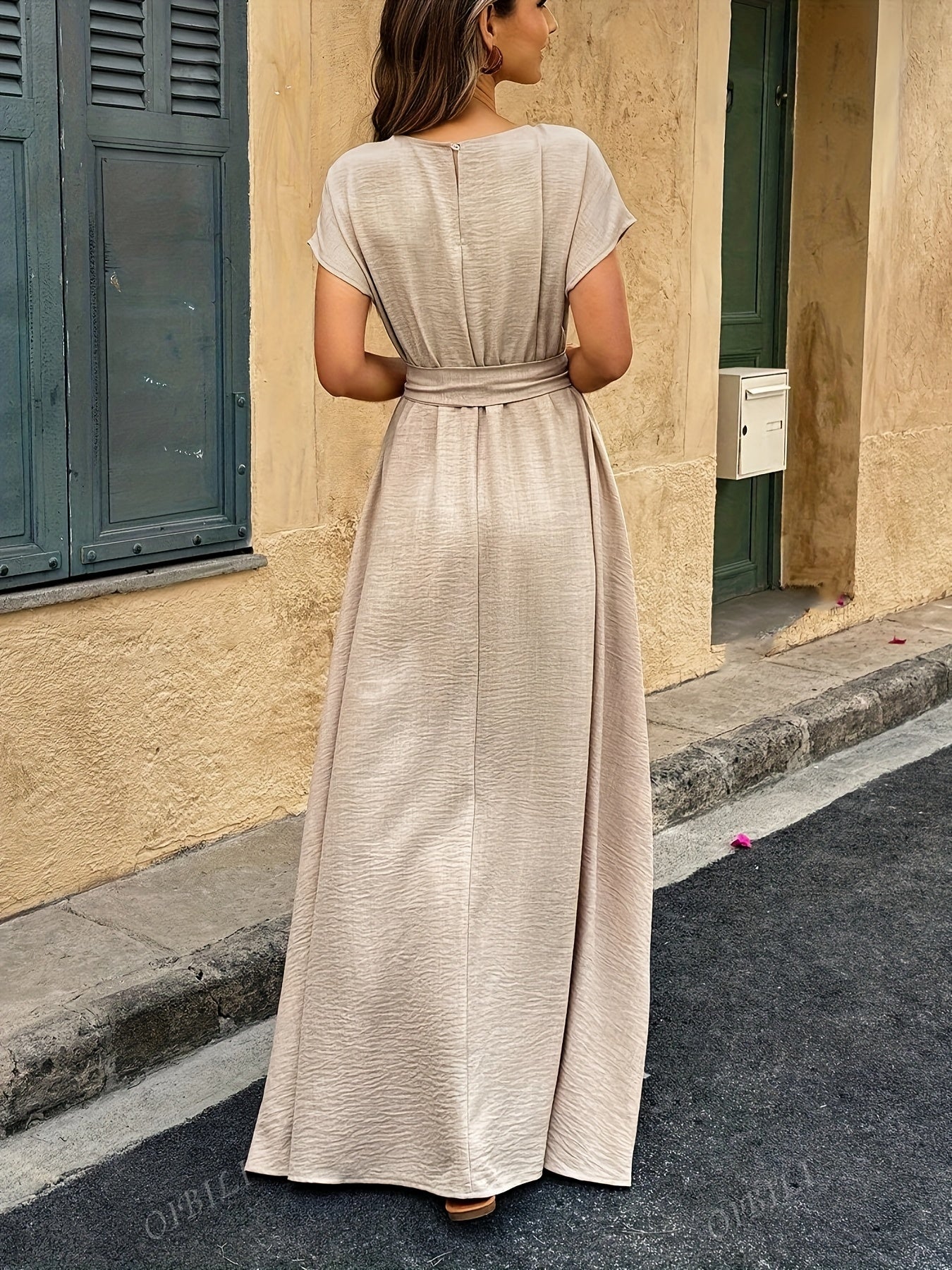 Women’s Elegant Maxi Dress – Belted Waist, Linen-Like, Perfect for Office & Special Occasions