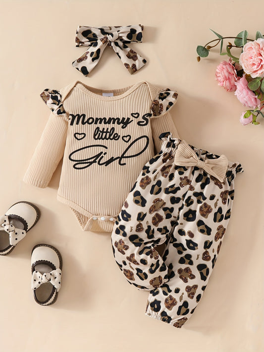 ✨ 3pcs Ribbed Baby Outfit – Long-Sleeve Top, Pants & Headscarf Set