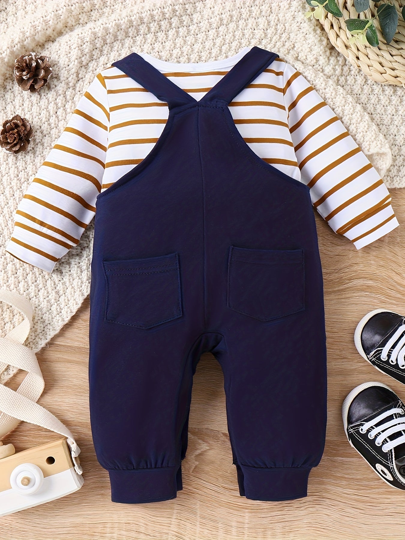 Baby Boy Fall/Winter Romper Set – Long Sleeve Stripe Bodysuit with Adjustable Suspender Pants, 0-18 Months