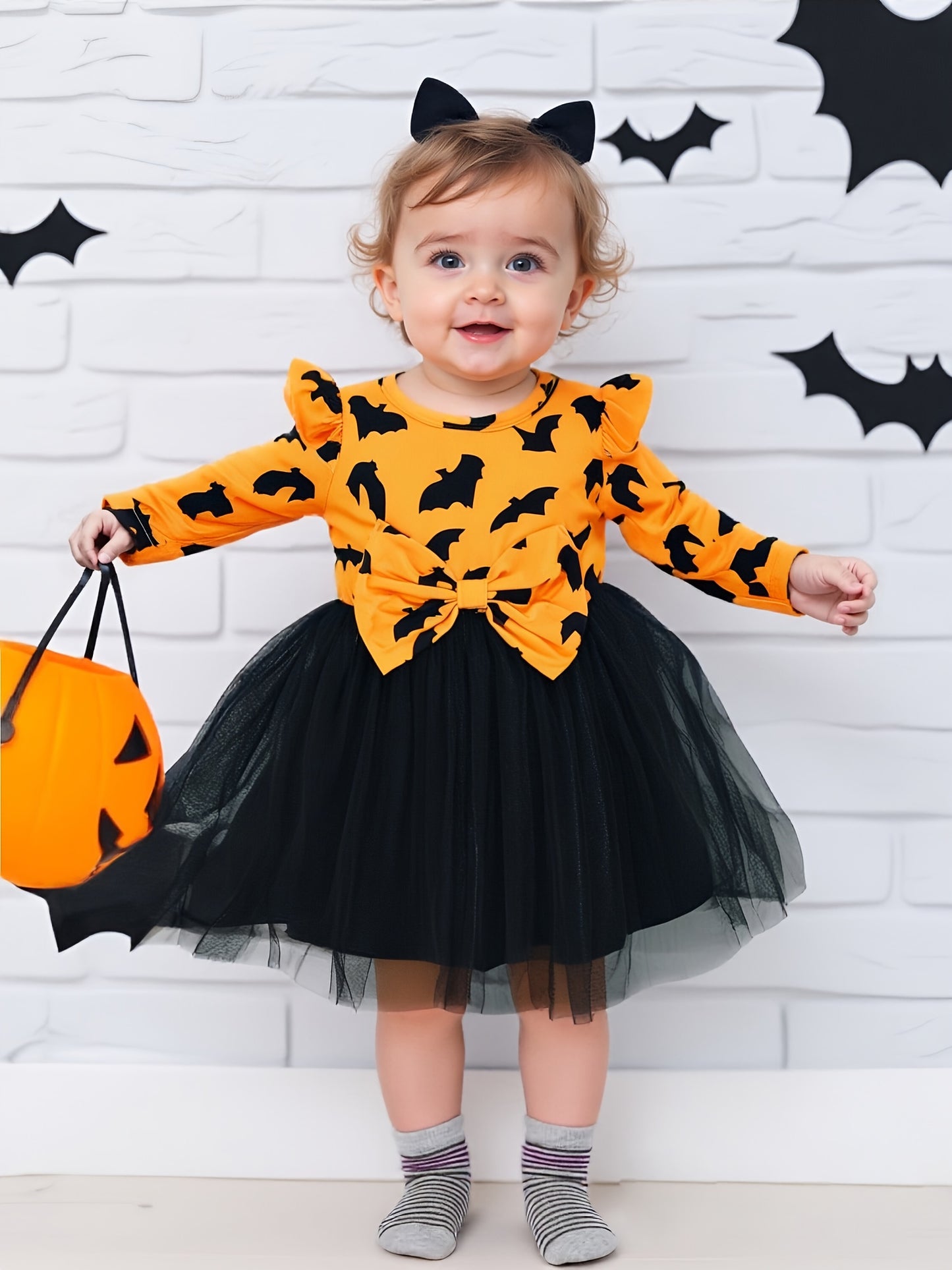 🦇 Girls’ Halloween Bat Dress – Long Sleeve Tulle Skirt