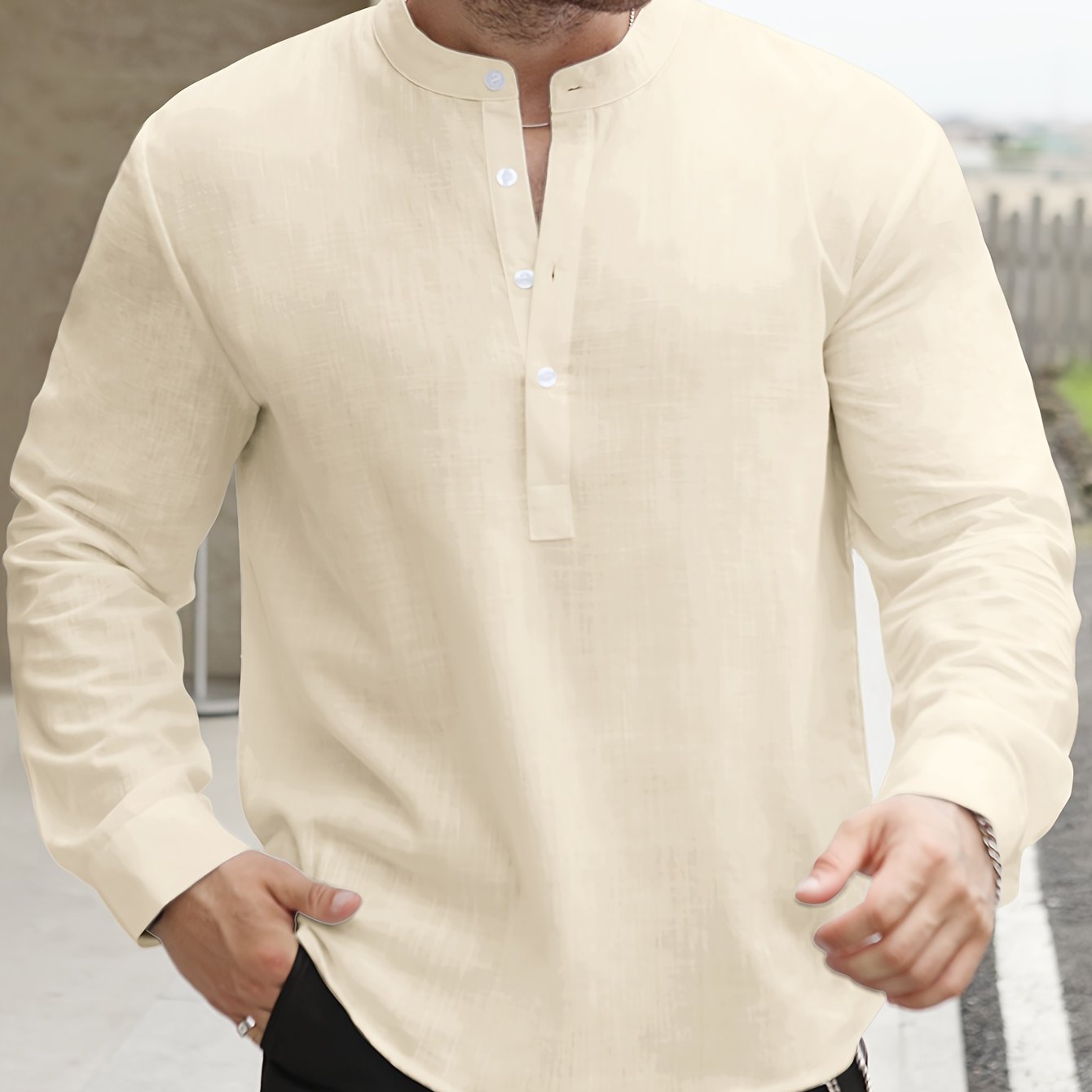 Lightweight Men’s Retro Shirt – Stand Collar Half-Sleeve, Solid Color with Bamboo Pattern