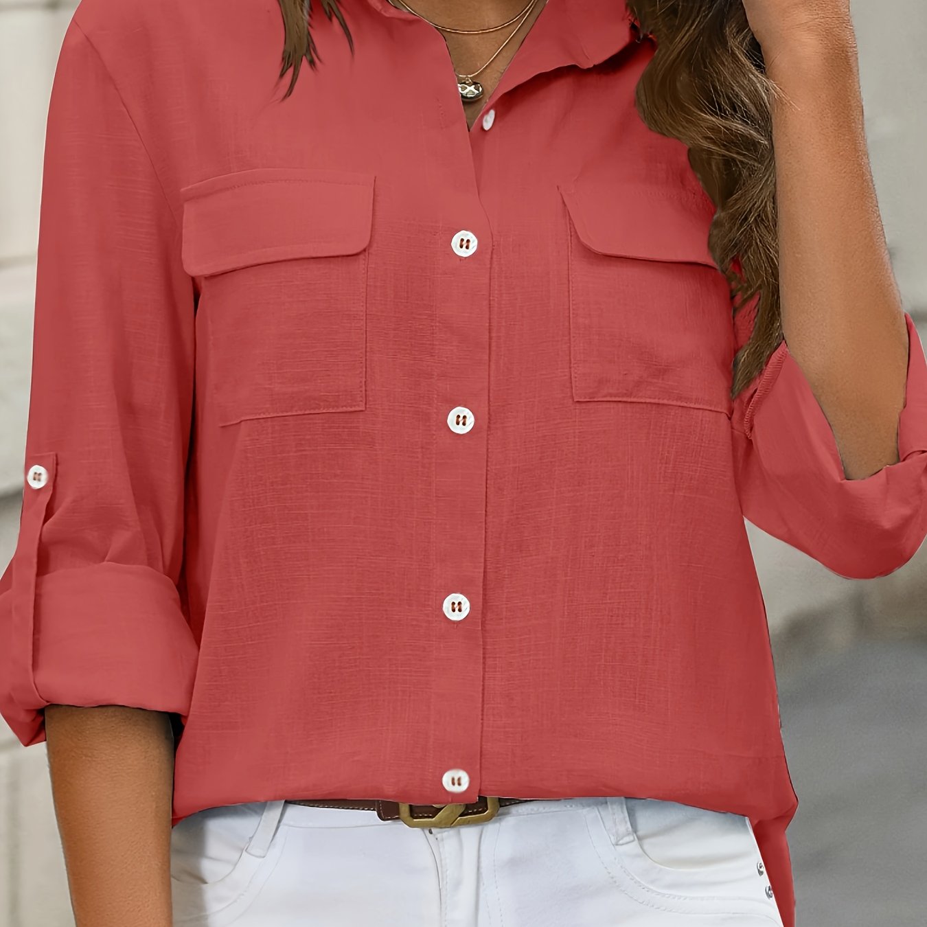 Women’s Long Sleeve Button-Up Blouse – Elegant Office & Casual Shirt with Classic Collar