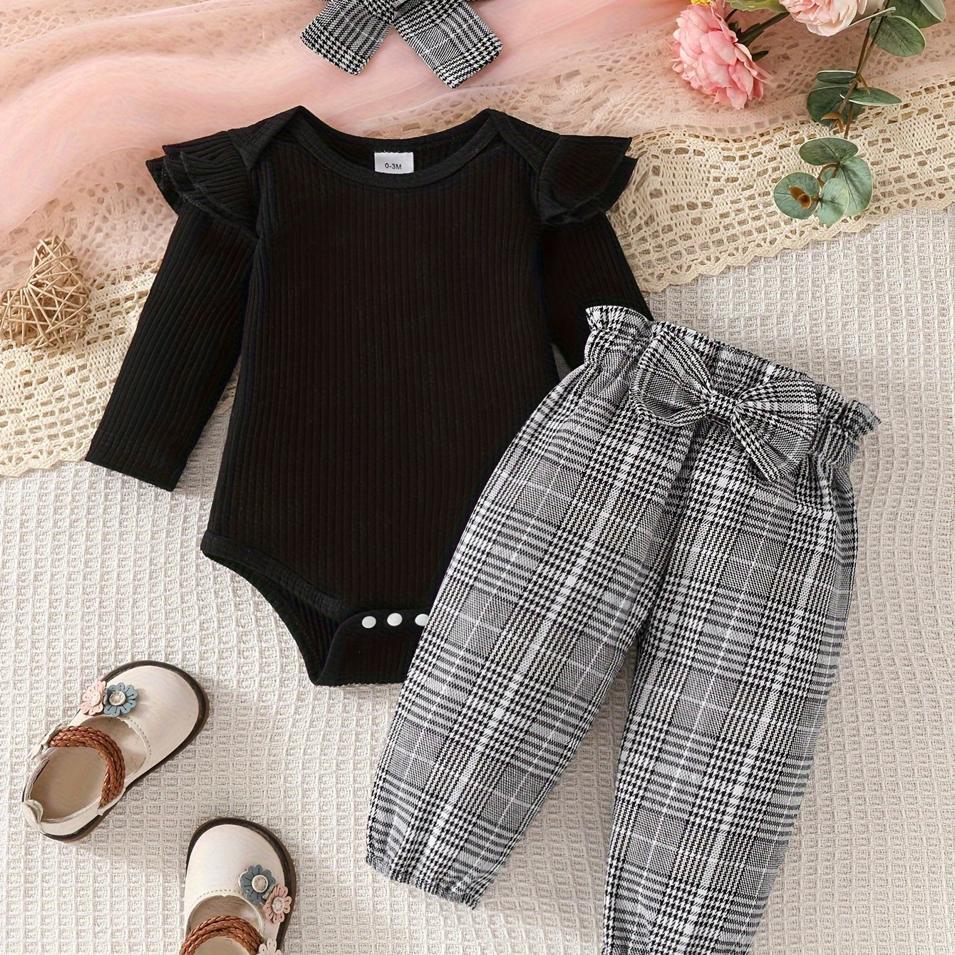 Baby Girl Three-Piece Outfit – Double-Layer Haori, Pants & Headscarf Set for Outdoor