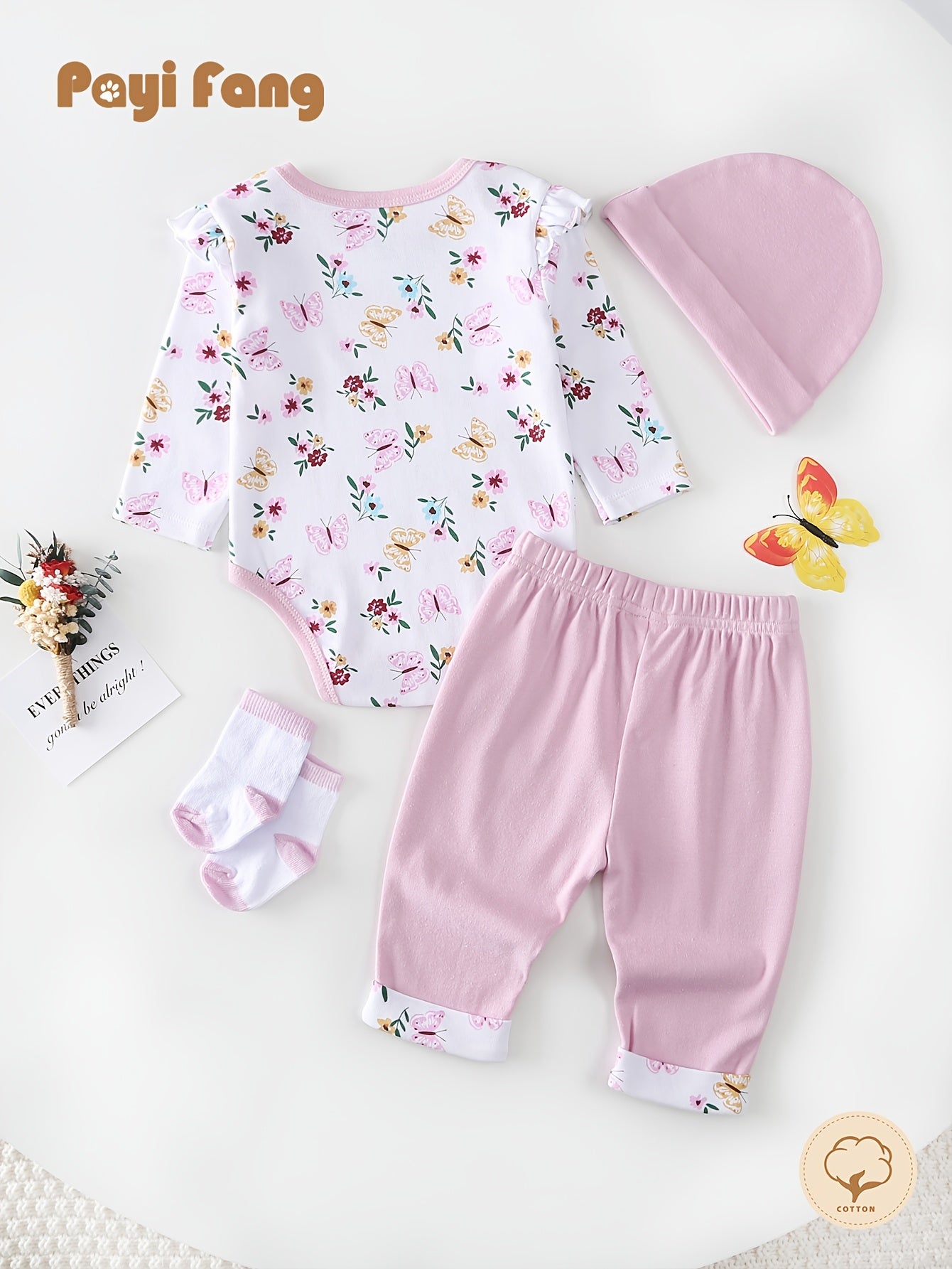 Baby Girl 4-Piece Outfit – Long Sleeve Romper with Pants, Hat & Socks, Soft Cotton All-Season Playwear