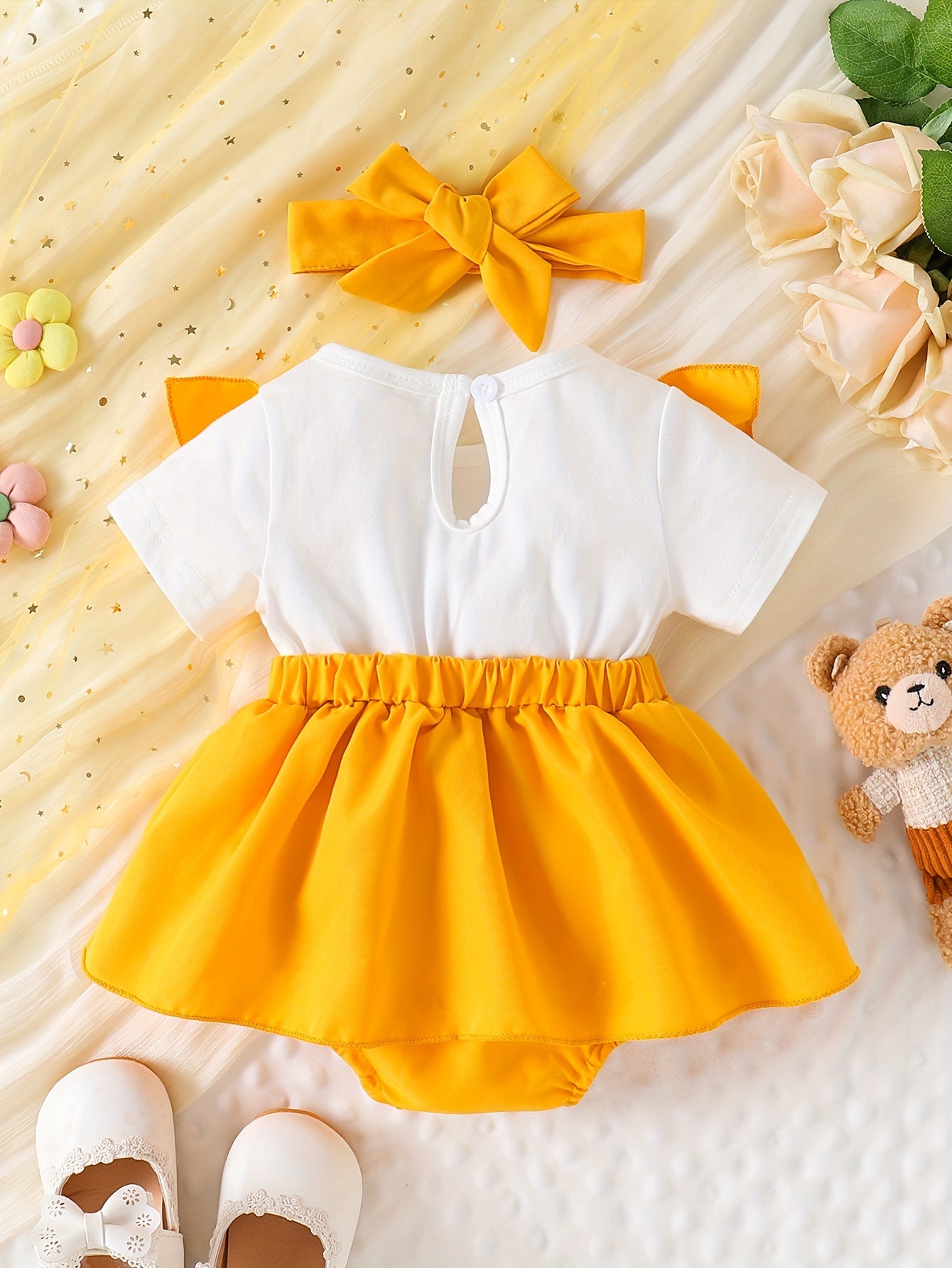 Baby Girl Bear Embroidered Bodysuit – Short Sleeve Romper with Ruffle Sleeves & Matching Bow
