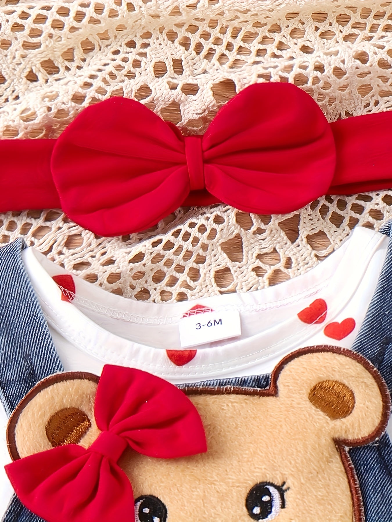 Baby Girl Two-Piece Outfit – Bear Romper & Denim Strap Pants, 0-18 Months