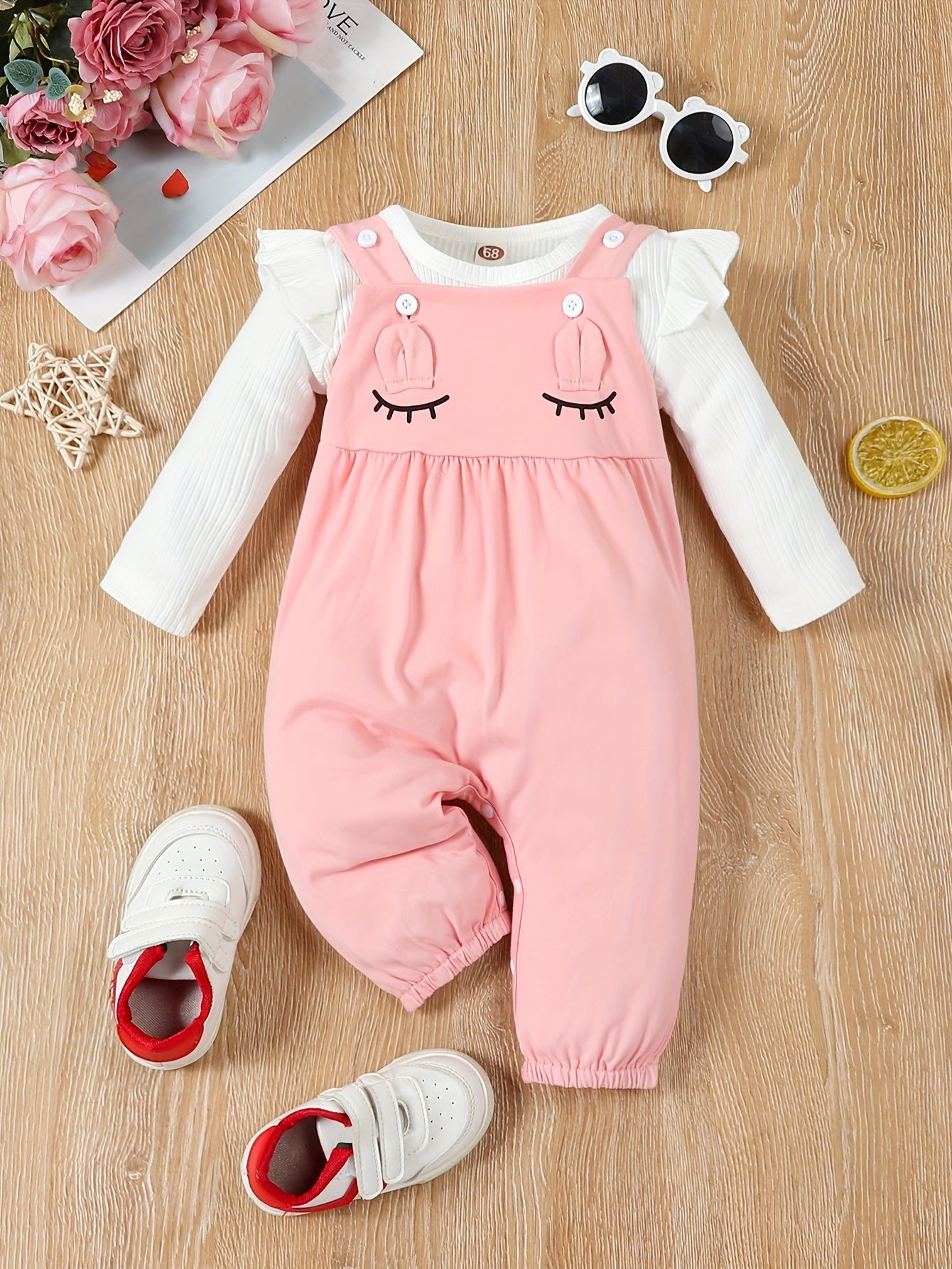 Girls' Two-Piece Suspender Bodysuit Set – Cute Triangle Design with 3D Ears, Autumn/Winter Outfit