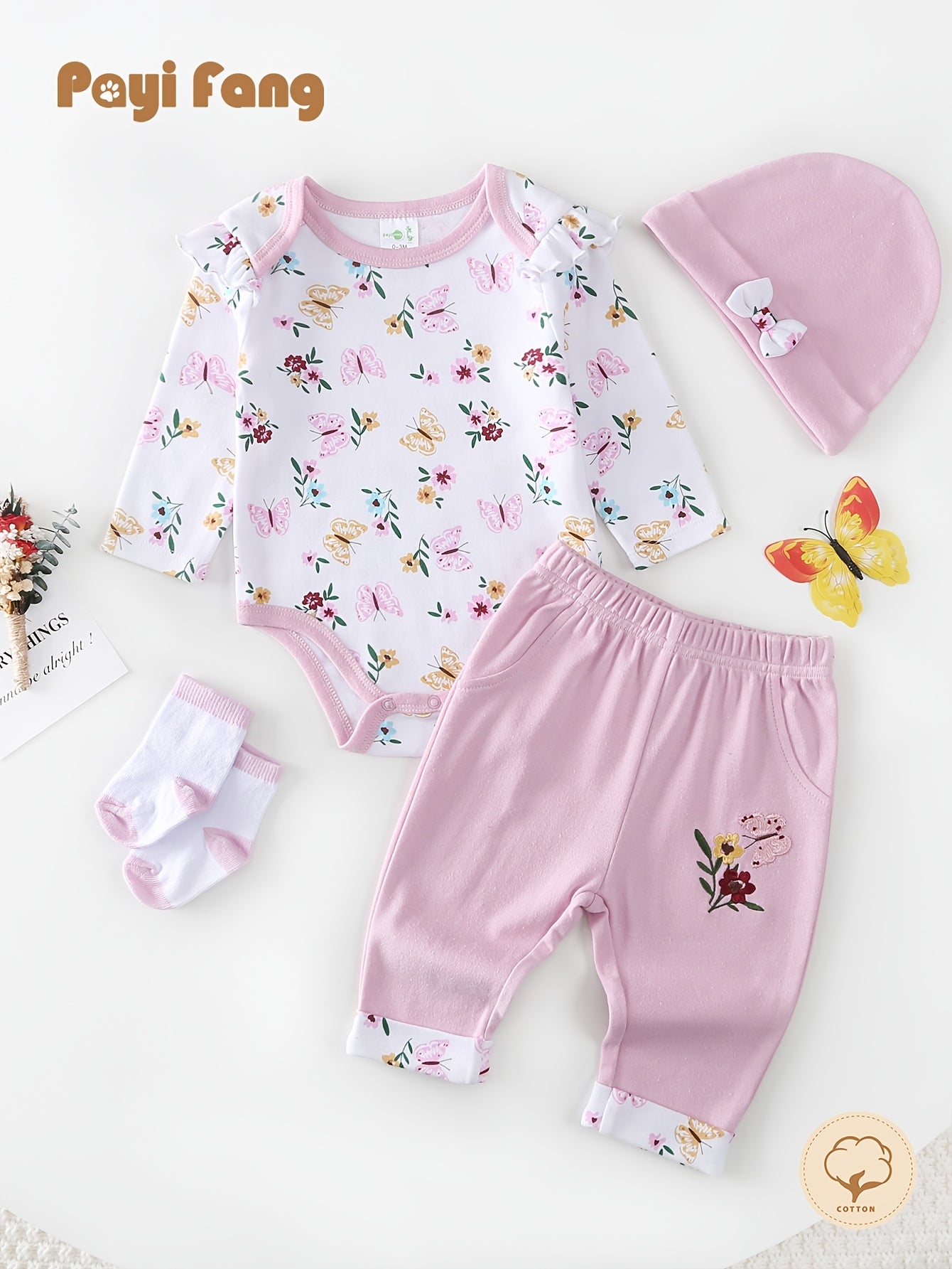 Baby Girl 4-Piece Outfit – Long Sleeve Romper with Pants, Hat & Socks, Soft Cotton All-Season Playwear