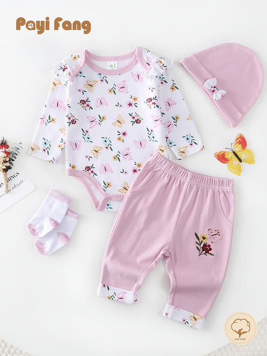 Baby Girl 4-Piece Outfit – Long Sleeve Romper with Pants, Hat & Socks, Soft Cotton All-Season Playwear