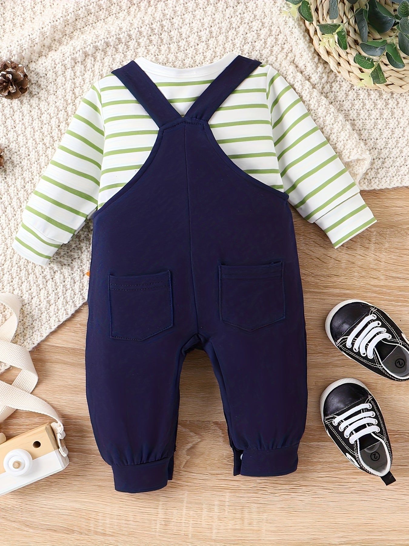 Baby Boy Fall/Winter Romper Set – Long Sleeve Stripe Bodysuit with Adjustable Suspender Pants, 0-18 Months
