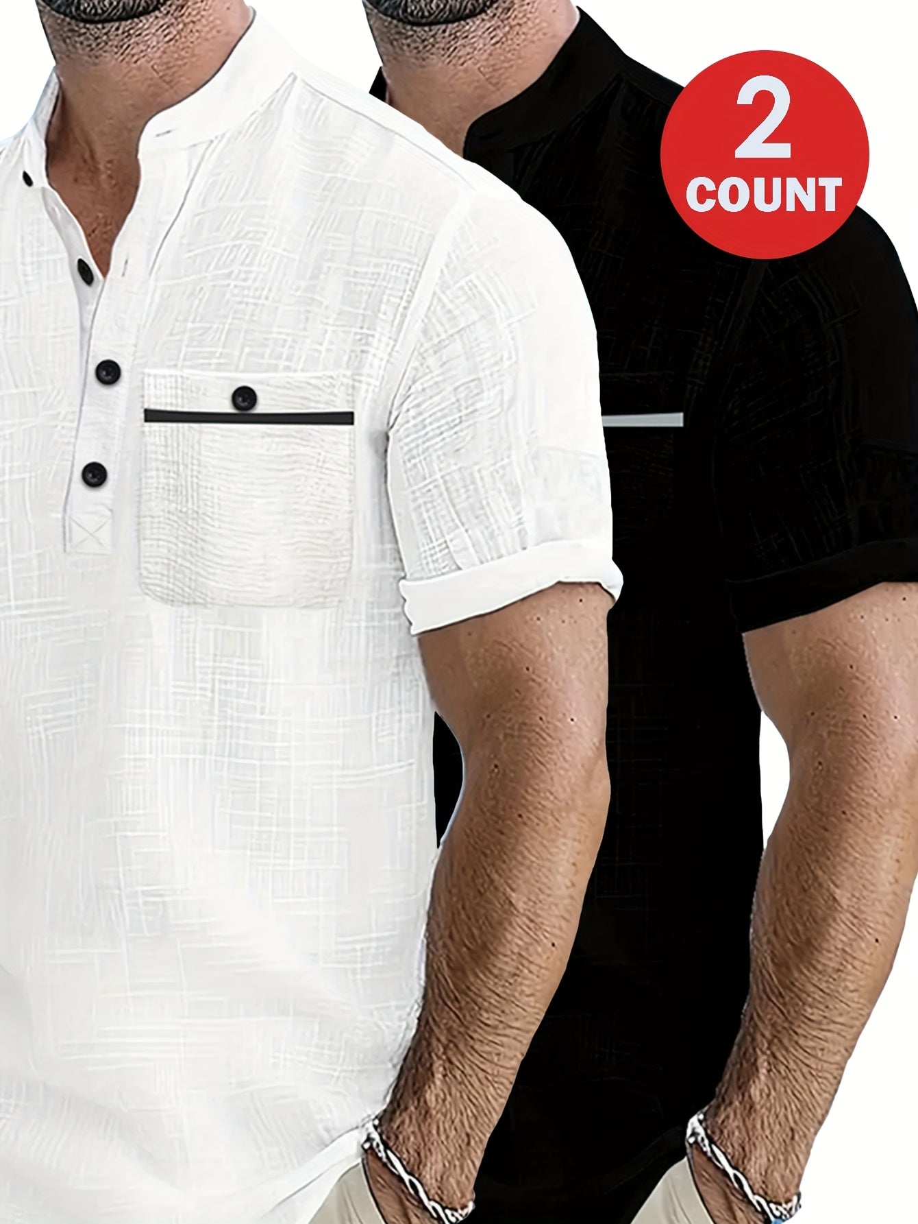 Men's 2pcs 100% Cotton Casual Set – Lightweight Moisture-Wicking Short Sleeve Shirt with Round Neck, Button & Pocket Print, Perfect for Summer Vacation