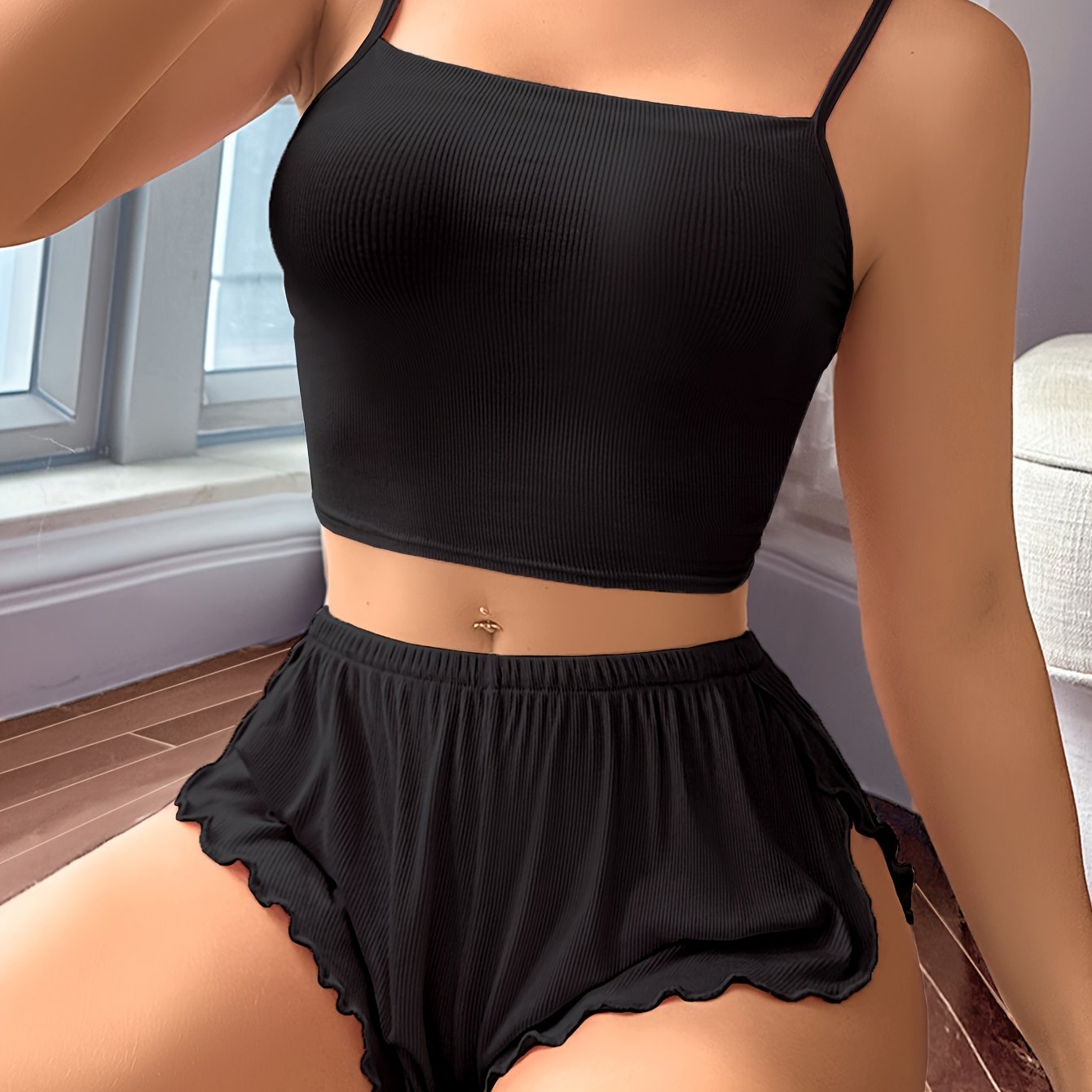Women’s Pink Ribbed Pajama Set – Sleeveless Crop Top & Elastic Waist Shorts, Comfy Sleepwear