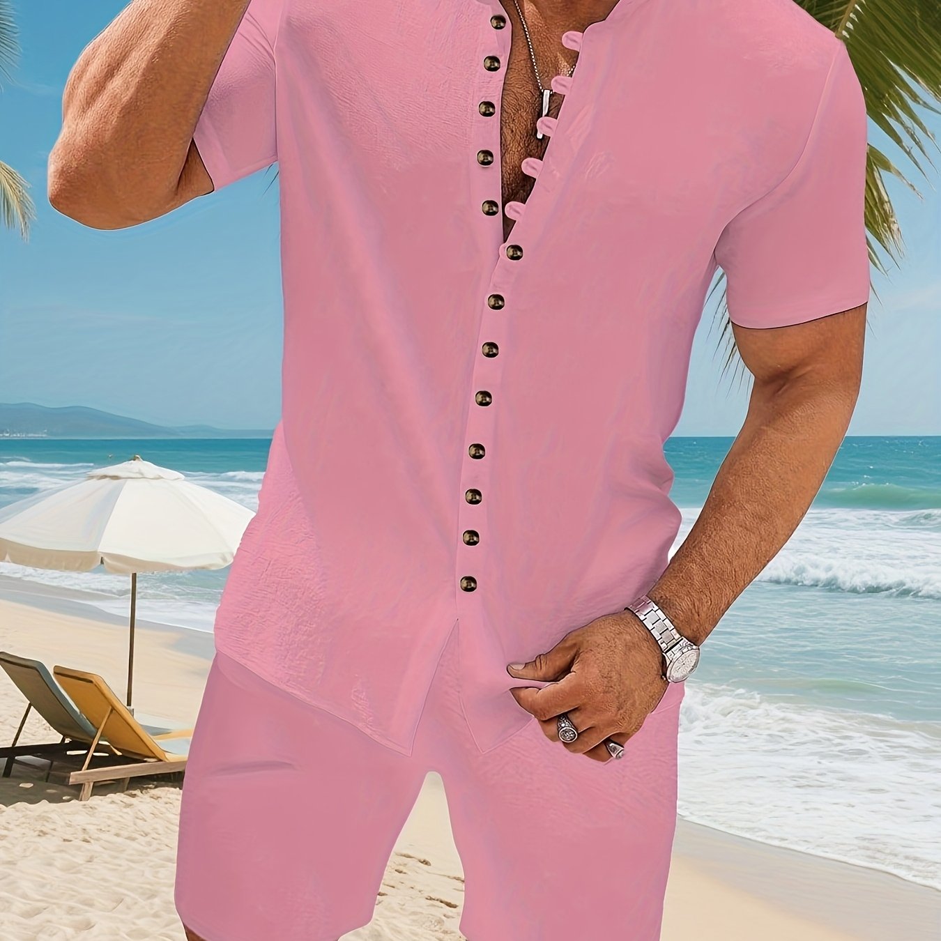 Men's Cotton Casual Two-Piece Set – Stand Collar Short Sleeve Shirt & Elastic Waist Shorts, Summer Beach or Workwear Outfit