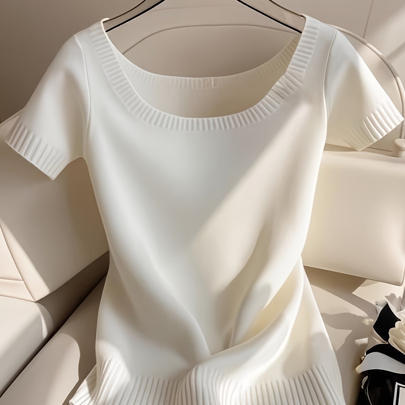 Women’s Elegant Ribbed Top – Short Sleeve Round Neck Casual Summer Blouse