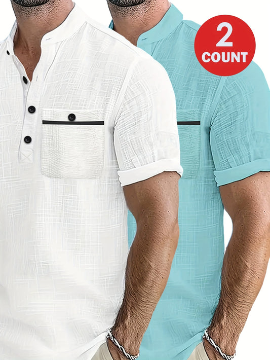 Men's 2pcs 100% Cotton Casual Set – Lightweight Moisture-Wicking Short Sleeve Shirt with Round Neck, Button & Pocket Print, Perfect for Summer Vacation