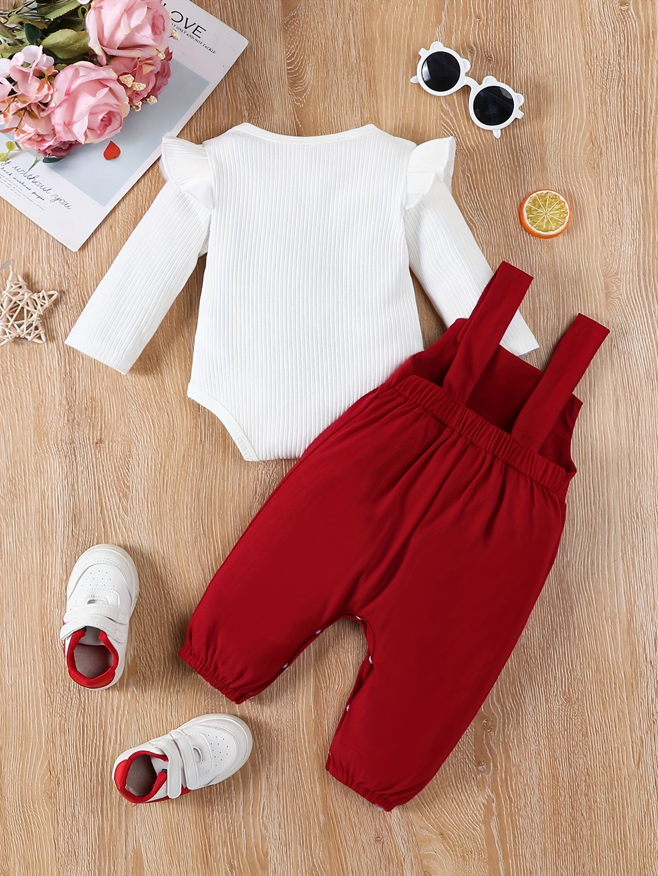 Girls' Two-Piece Suspender Bodysuit Set – Cute Triangle Design with 3D Ears, Autumn/Winter Outfit