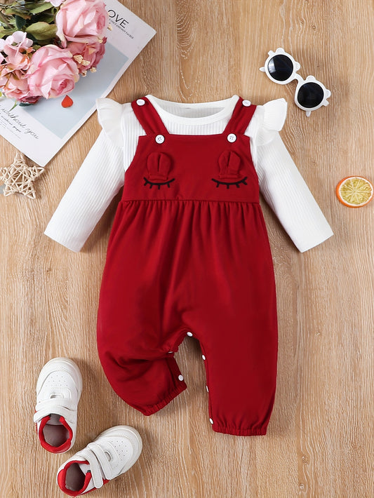 Girls' Two-Piece Suspender Bodysuit Set – Cute Triangle Design with 3D Ears, Autumn/Winter Outfit
