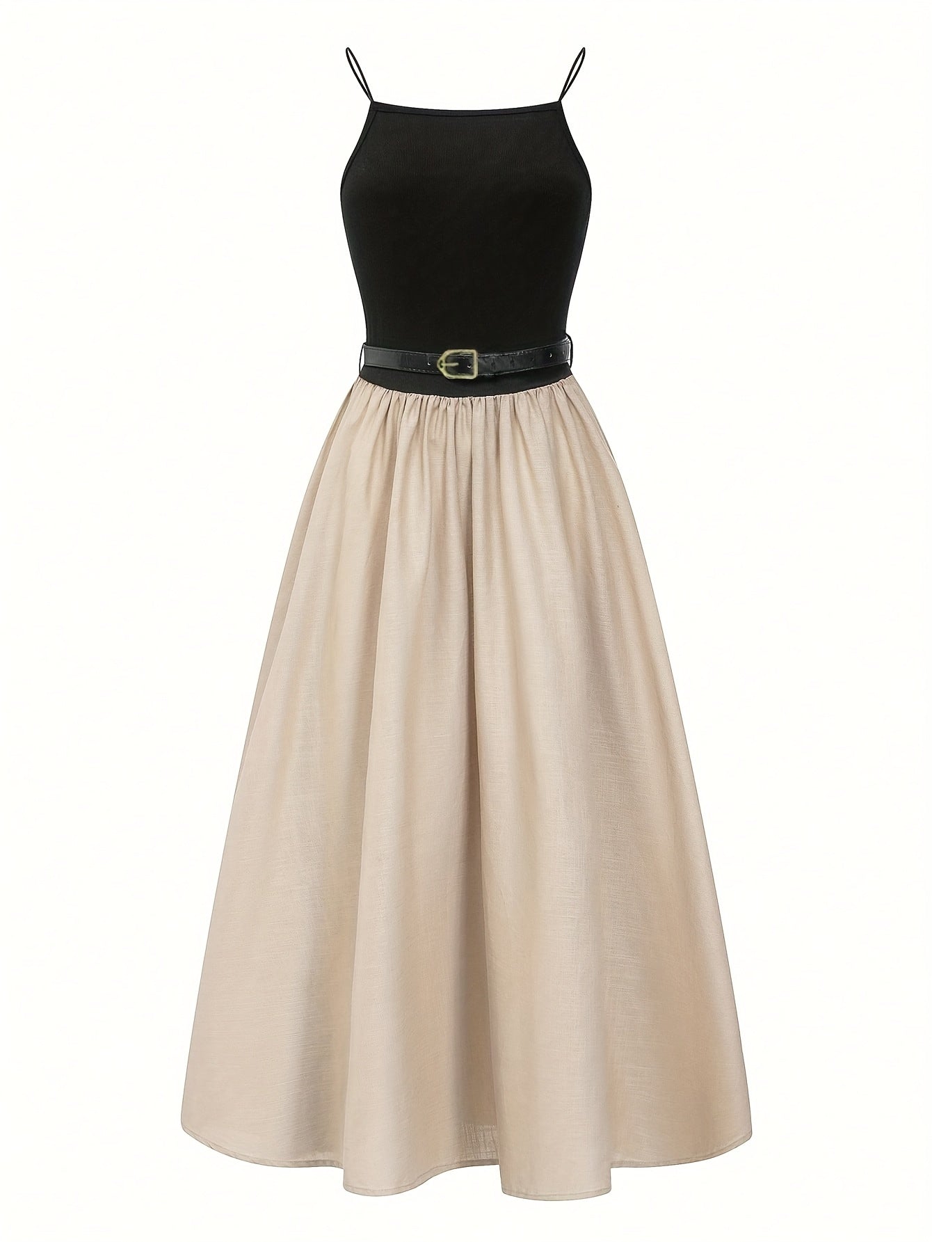Women’s Boho-Chic Maxi Dress – Spaghetti Strap A-Line Dress with Belt, All-Season Casual & Formal Wear