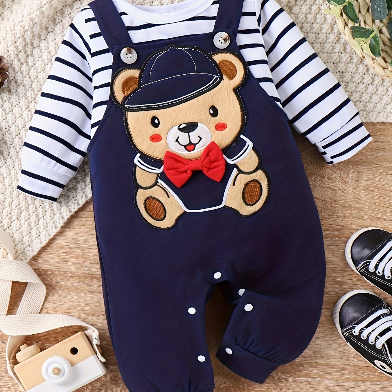 Baby Boy Fall/Winter Romper Set – Long Sleeve Stripe Bodysuit with Adjustable Suspender Pants, 0-18 Months