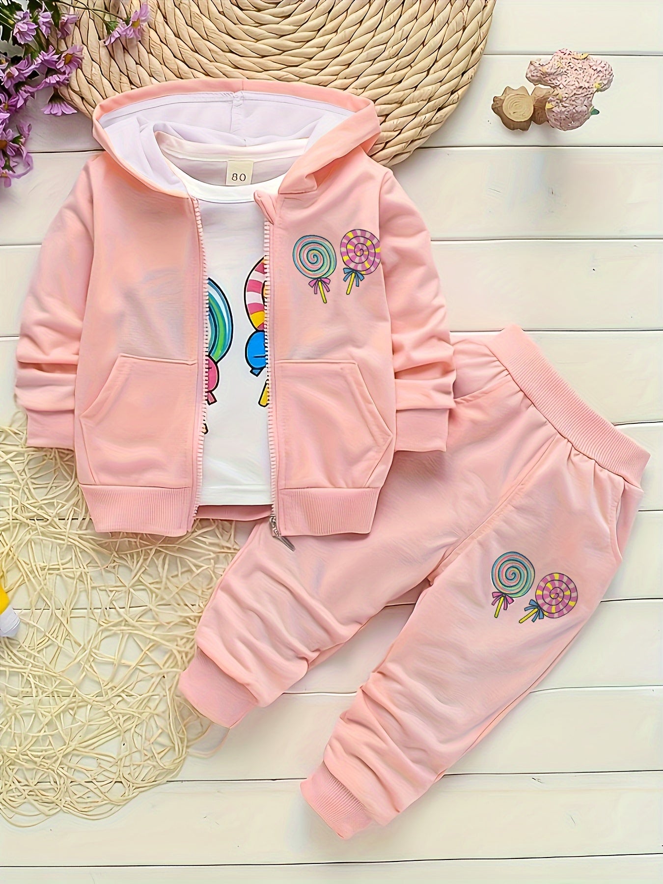 Girls’ 3PCS Long-Sleeve Outfit – Lollipop Print Hooded Sweatshirt Set for Spring/Autumn