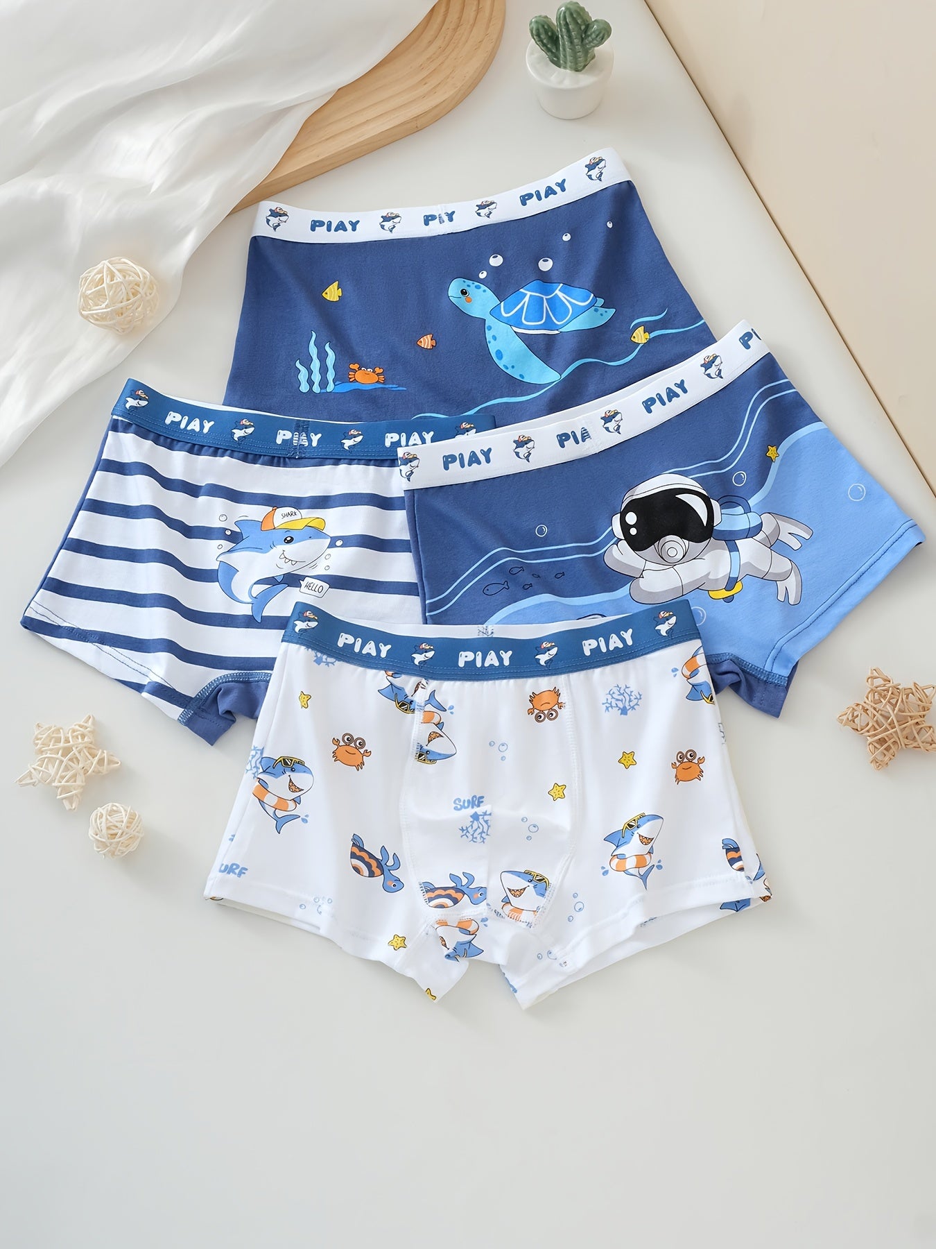 Boys' Cartoon Underwater Boxer Briefs 4pcs – Soft Cotton, Marine Life Print