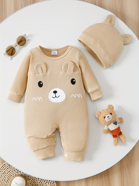 Baby 2PCS Outfit – 3D Bear Bodysuit & Hat Set, Playful Outdoor Wear