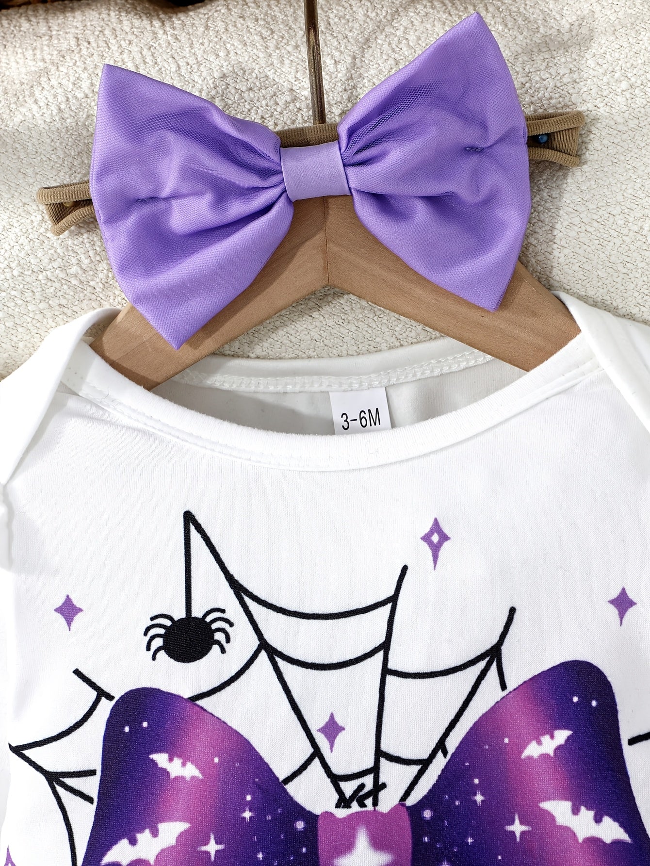 🕷️ Baby Girl Witch Outfit – Spider Bow Bodysuit & Black-Purple Mesh Skirt, Cute Halloween Costume