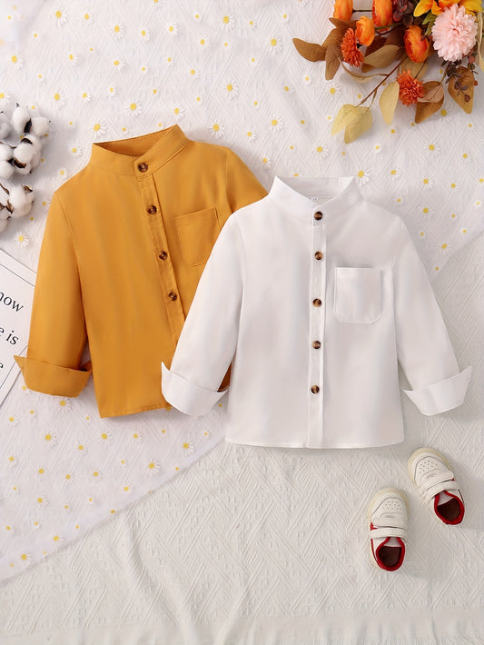 Boys’ 2PCS Stand Collar Long Sleeve Shirt Set – Casual Tops with Pockets