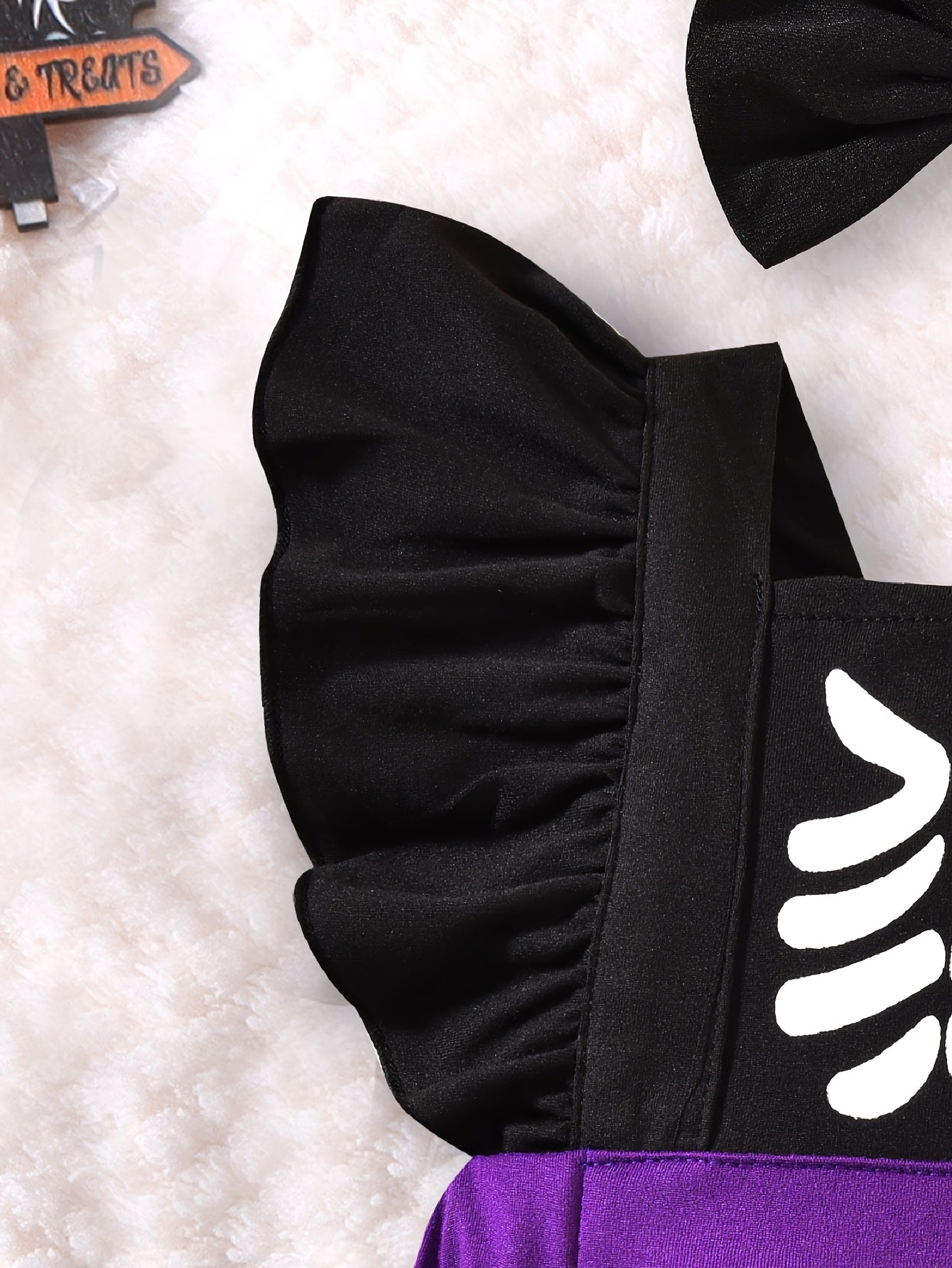 🎃 Girls' Halloween Outfit – Black Printed Bodysuit + Bow Headband | Cozy Fall/Winter Wear