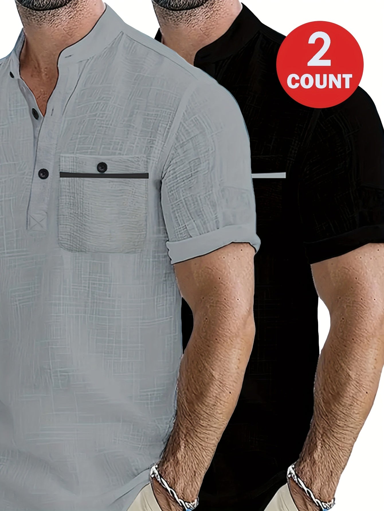 Men's 2pcs 100% Cotton Casual Set – Lightweight Moisture-Wicking Short Sleeve Shirt with Round Neck, Button & Pocket Print, Perfect for Summer Vacation