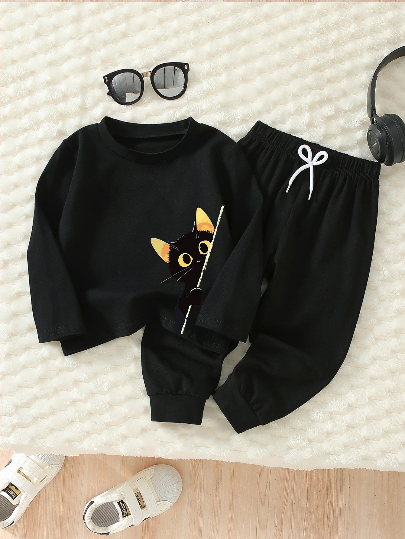 Girls’ 2PCS Outfit – Cat Print Long Sleeve Tee & Wide-Leg Pants, Spring/Fall Casual Wear