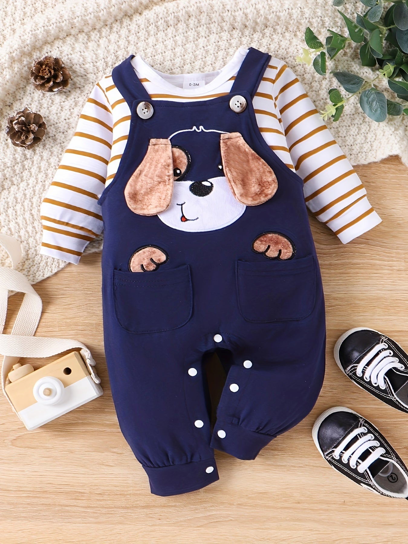Baby Boy Fall/Winter Romper Set – Long Sleeve Stripe Bodysuit with Adjustable Suspender Pants, 0-18 Months