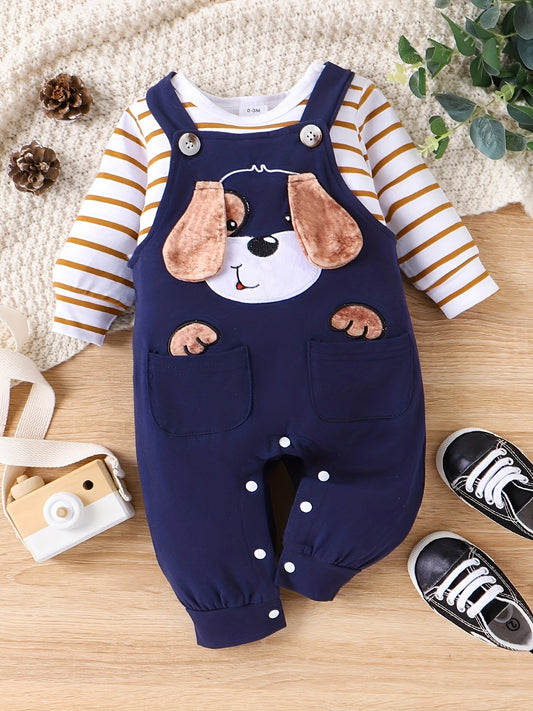 Baby Boy Fall/Winter Romper Set – Long Sleeve Stripe Bodysuit with Adjustable Suspender Pants, 0-18 Months