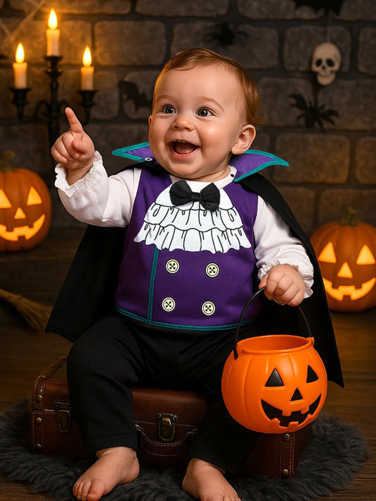 🍼 Baby Boy Halloween Romper Set – Gentleman Bodysuit & Cape