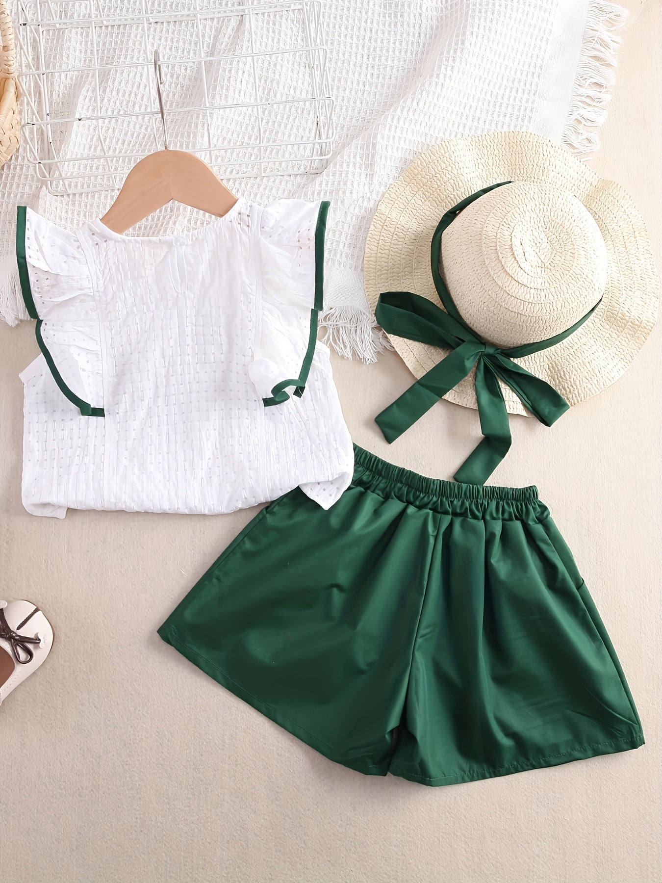 Girls’ Summer 2PCS Outfit – Ruffled Top & Button Shorts with Hat