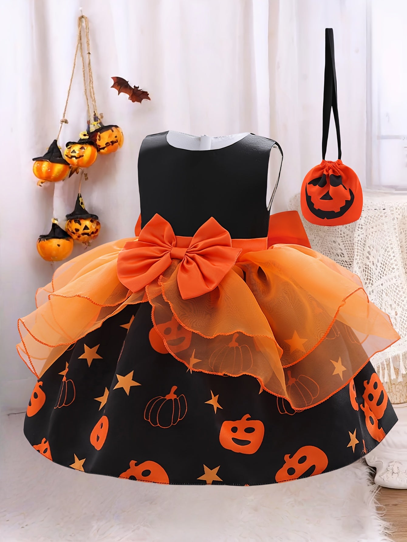 🎃 Girls’ Pumpkin Dress Set – Dress & Tote Bag for Halloween
