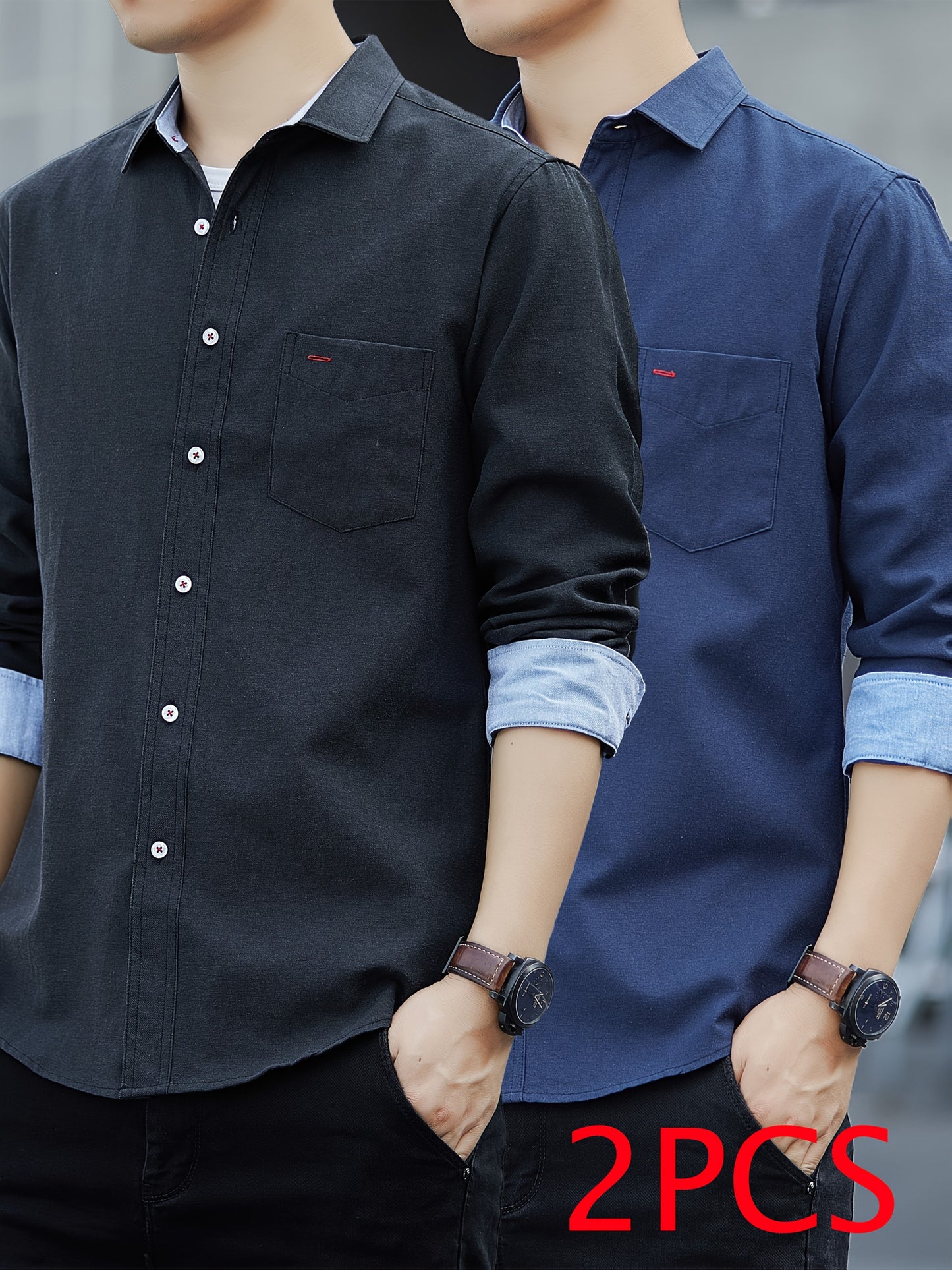 Men's Casual Button-Up Shirt with Contrast Cuffs & Chest Pocket – Embroidered Long Sleeve 2pcs Set, All-Season Wear