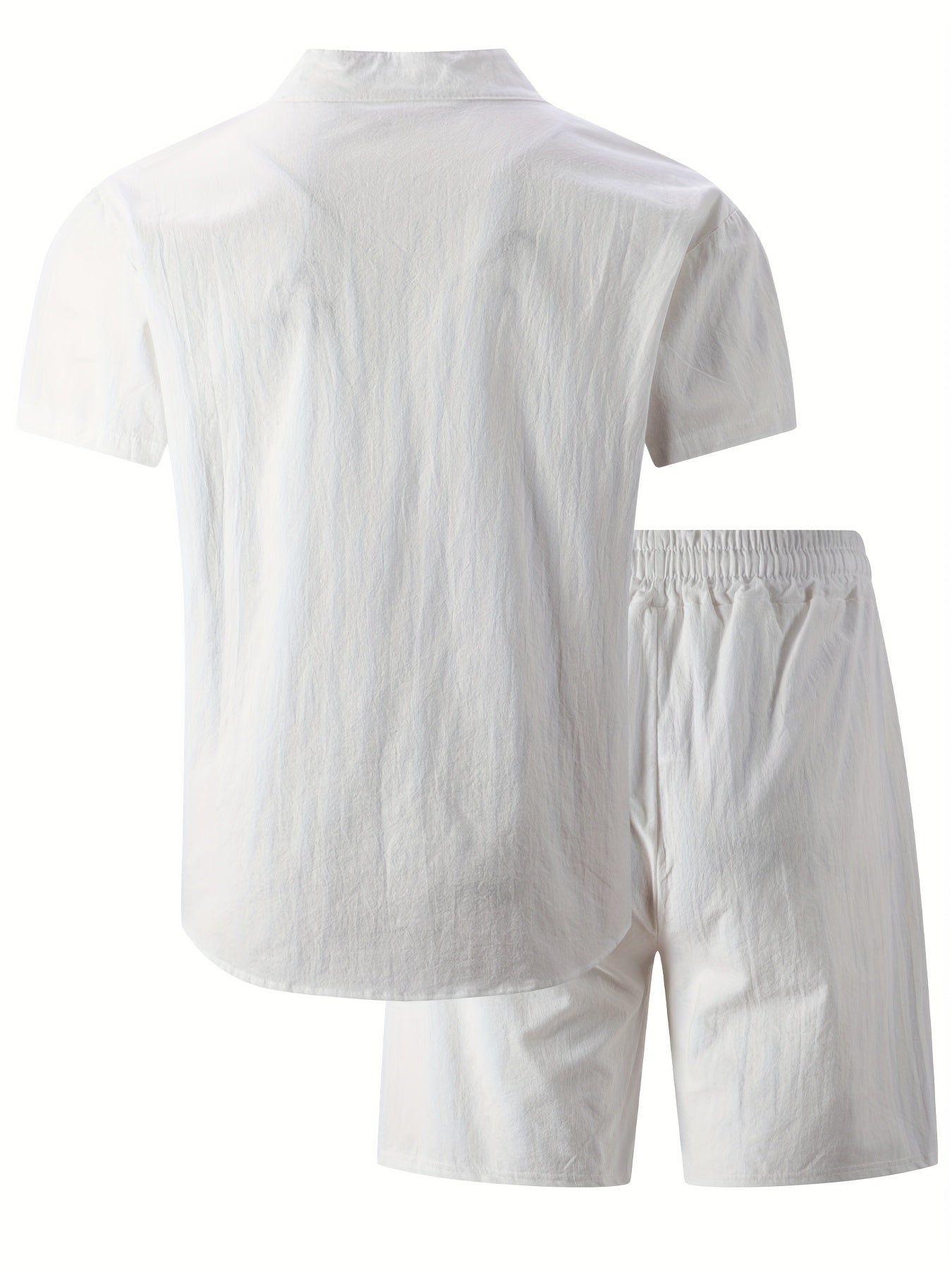 Men's Cotton Casual Two-Piece Set – Stand Collar Short Sleeve Shirt & Elastic Waist Shorts, Summer Beach or Workwear Outfit