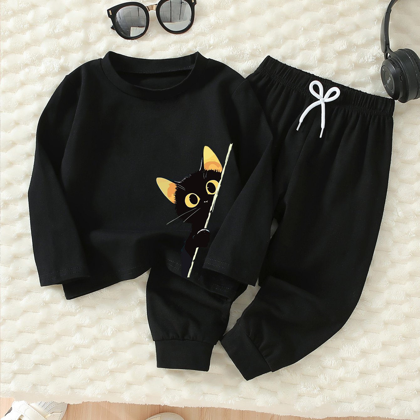 Girls’ 2PCS Outfit – Cat Print Long Sleeve Tee & Wide-Leg Pants, Spring/Fall Casual Wear