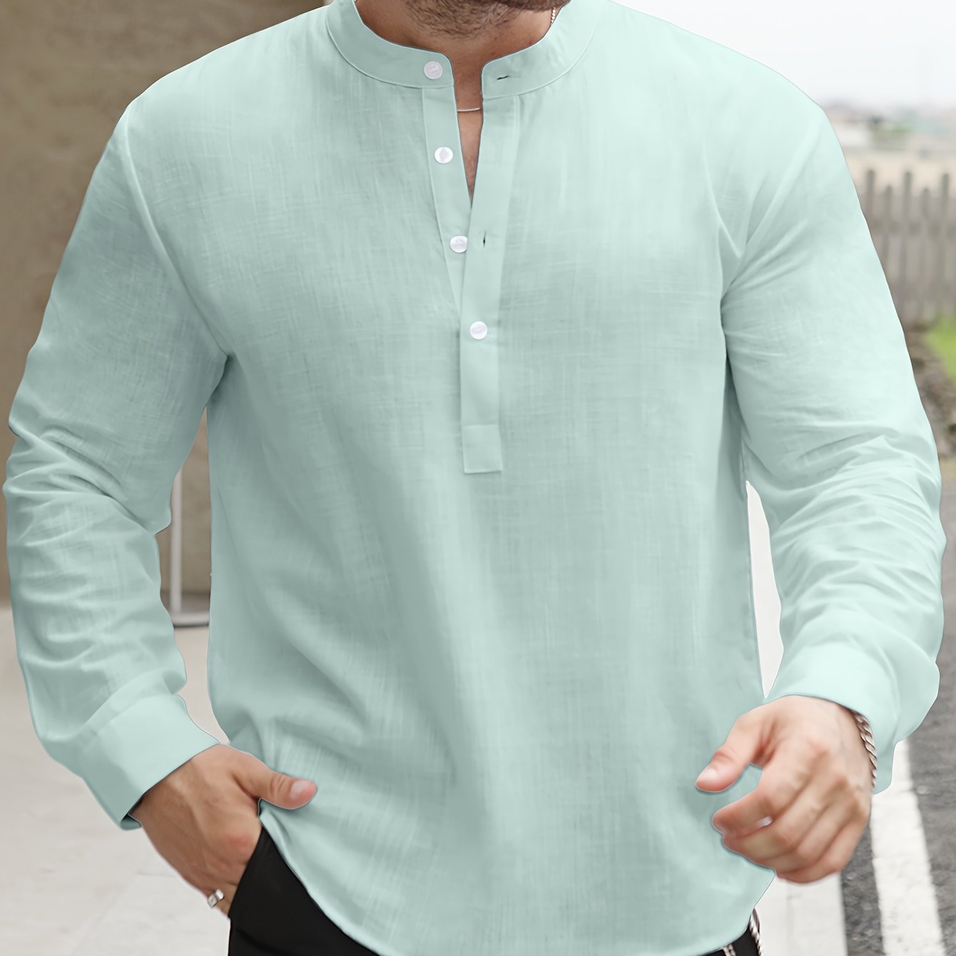 Lightweight Men’s Retro Shirt – Stand Collar Half-Sleeve, Solid Color with Bamboo Pattern