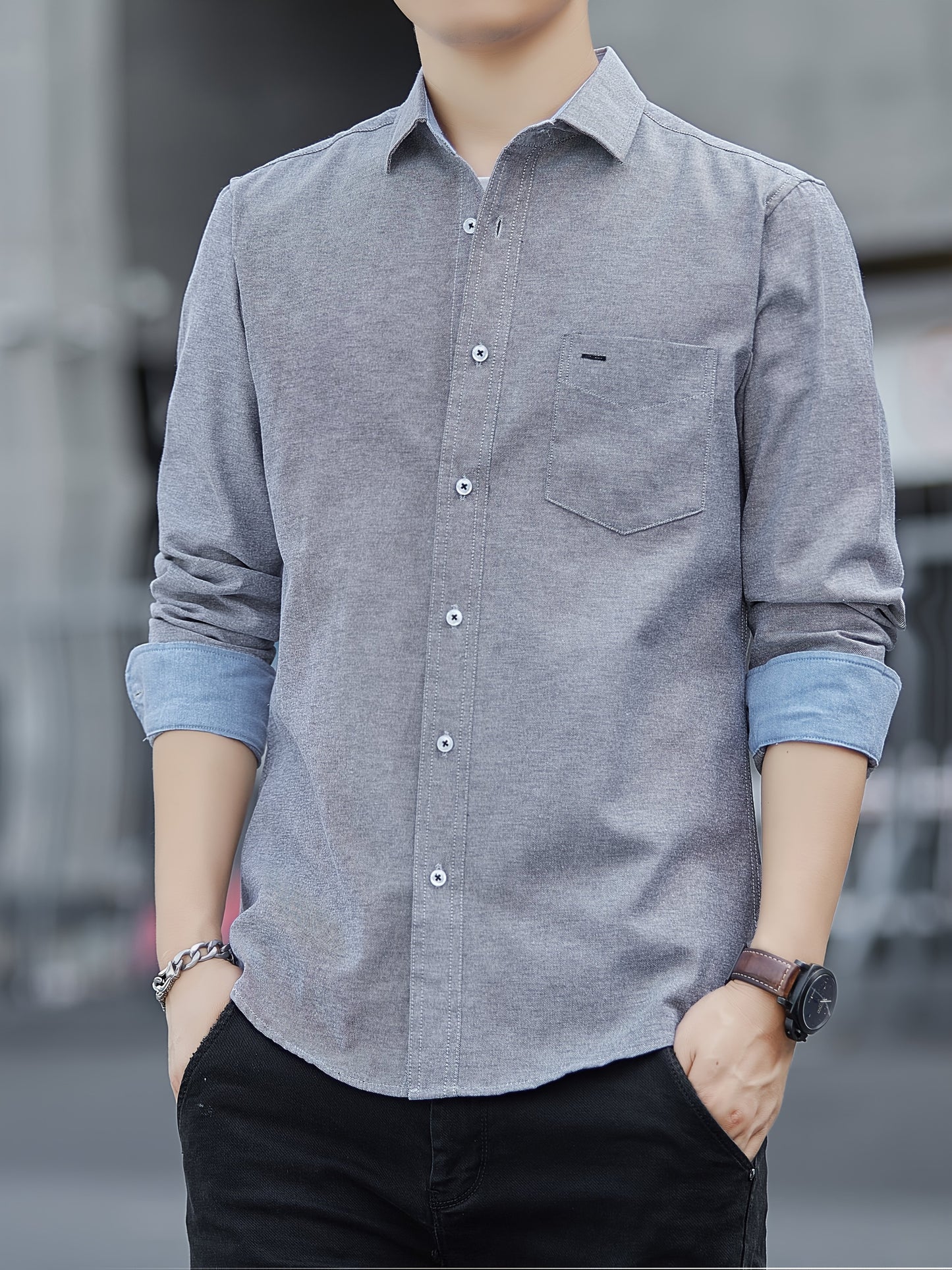 Men's Casual Button-Up Shirt with Contrast Cuffs & Chest Pocket – Embroidered Long Sleeve 2pcs Set, All-Season Wear