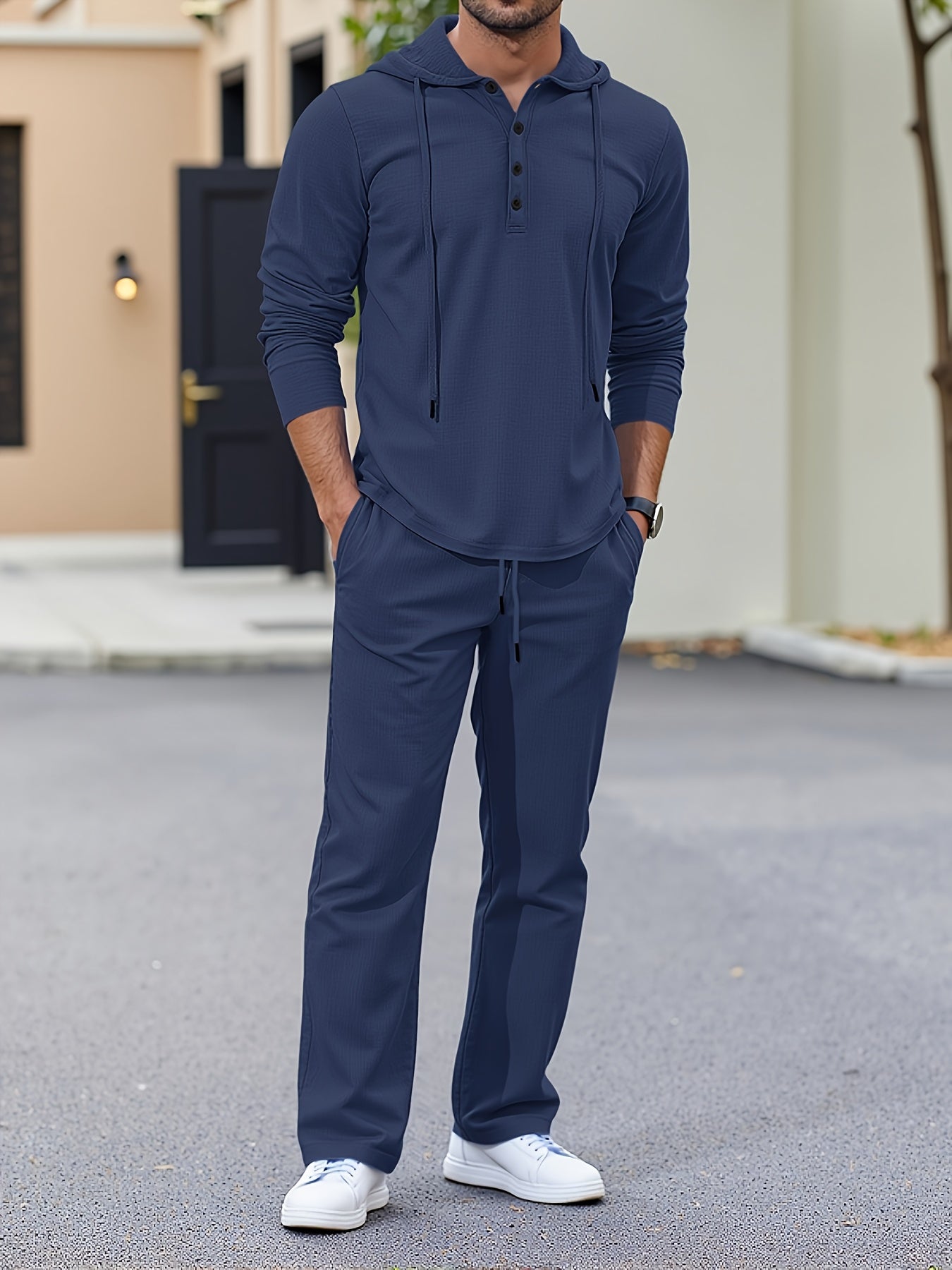 Men’s Summer Linen 2pcs Set – Hooded Long Sleeve Shirt & Drawstring Pants