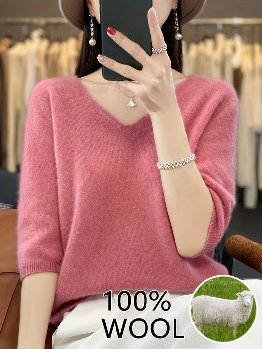 Women’s 100% Wool V-Neck Knit Sweater – Short Sleeve Lightweight Pullover for Casual Layering