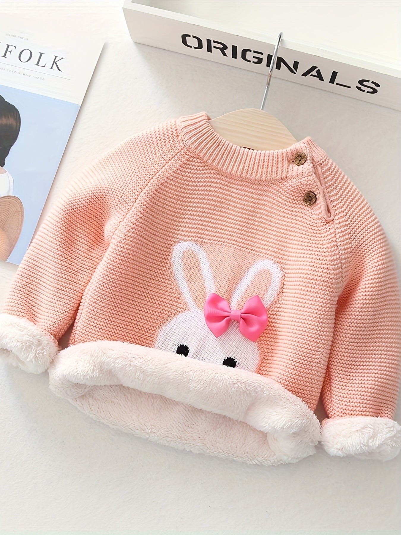 🐰 Girls’ Bunny Bow Sweater – Cozy Fleece Winter Pullover