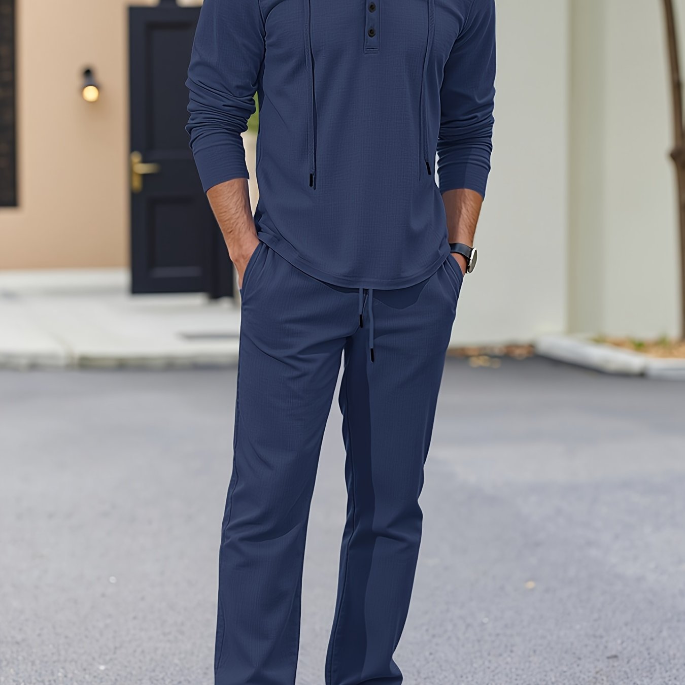 Men’s Summer Linen 2pcs Set – Hooded Long Sleeve Shirt & Drawstring Pants