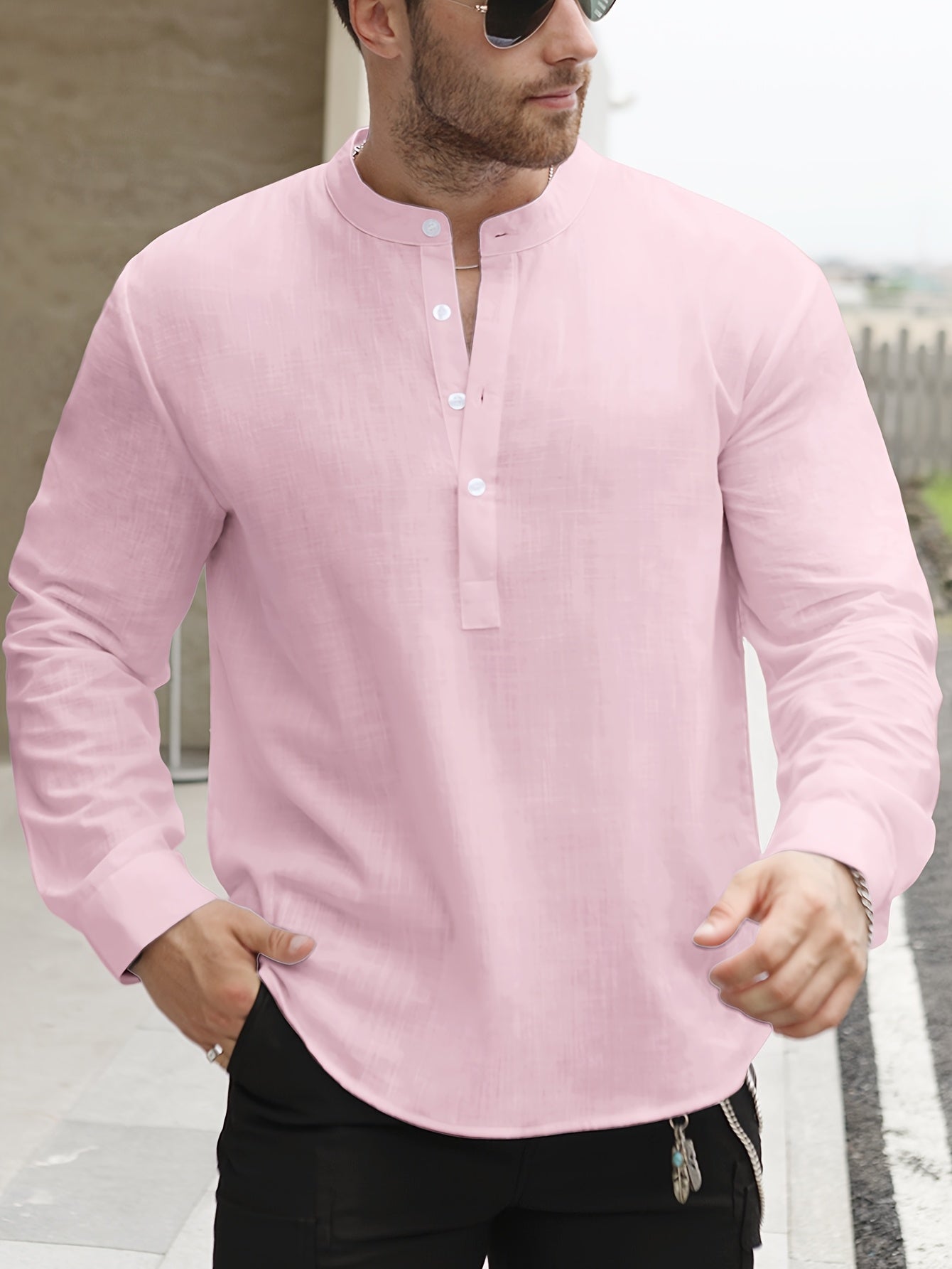 Lightweight Men’s Retro Shirt – Stand Collar Half-Sleeve, Solid Color with Bamboo Pattern