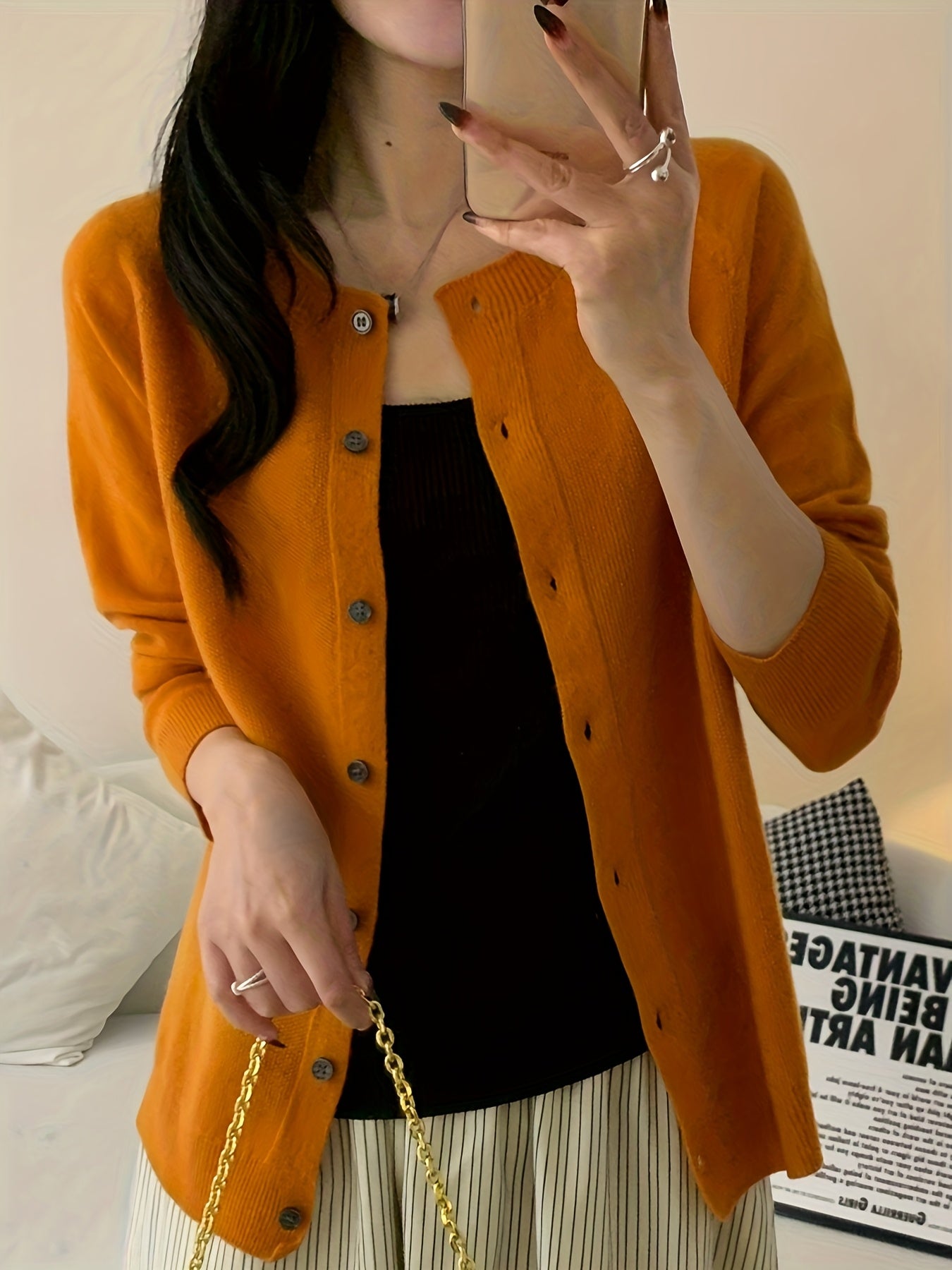 Women’s 100% Wool Cardigan – Round Neck Long Sleeve Button-Up Sweater, All-Season Casual Wear